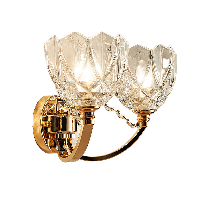 Flower Sconce Light Postmodern Clear Glass 1/2 Heads Gold Wall Mount Light with Crystal Accent Clearhalo 'Modern wall lights' 'Modern' 'Wall Lamps & Sconces' 'Wall Lights' Lighting' 256223