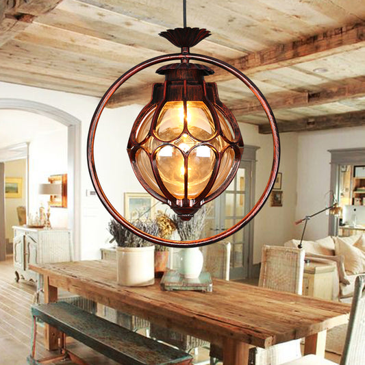 1 Light Suspension Lamp Rustic Globe Amber Glass Hanging Pendant Light in Copper with Iron Ring Clearhalo 'Ceiling Lights' 'Close To Ceiling Lights' 'Glass shade' 'Glass' 'Pendant Lights' 'Pendants' Lighting' 256225