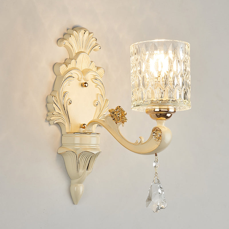Cylinder Sconce Light Modern Clear Dimpled Glass 1/2 Heads Gold Wall Mount Light with Crystal Drop 1.0 Gold Clearhalo 'Modern wall lights' 'Modern' 'Wall Lamps & Sconces' 'Wall Lights' Lighting' 256234