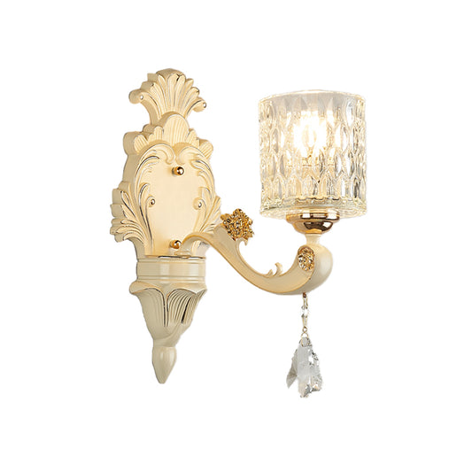 Cylinder Sconce Light Modern Clear Dimpled Glass 1/2 Heads Gold Wall Mount Light with Crystal Drop Clearhalo 'Modern wall lights' 'Modern' 'Wall Lamps & Sconces' 'Wall Lights' Lighting' 256238