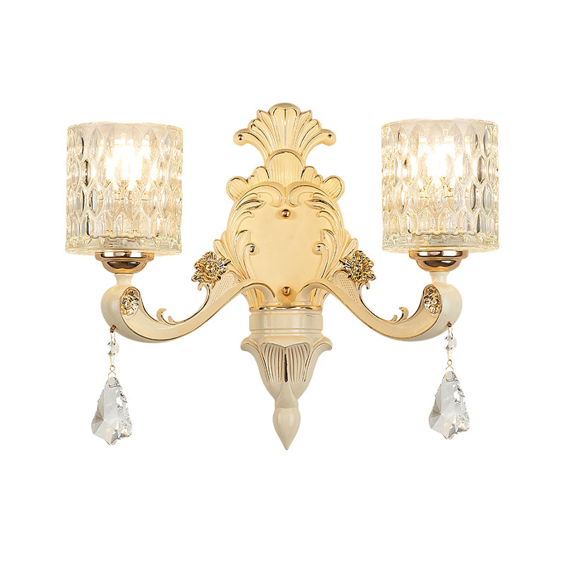 Cylinder Sconce Light Modern Clear Dimpled Glass 1/2 Heads Gold Wall Mount Light with Crystal Drop Clearhalo 'Modern wall lights' 'Modern' 'Wall Lamps & Sconces' 'Wall Lights' Lighting' 256242
