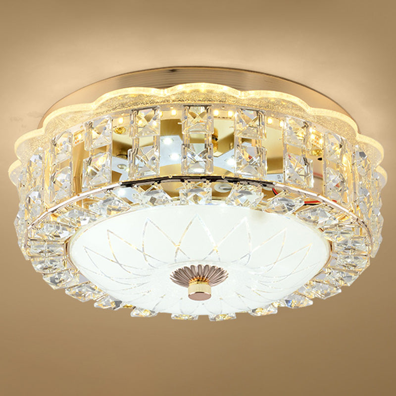 Modern Crystal Style Flush Mount Light Simplicity LED Ceiling Lamp for Bedroom Gold 12" Drum Clearhalo 'Ceiling Lights' 'Close To Ceiling Lights' 'Close to ceiling' 'Flush mount' Lighting' 2562425