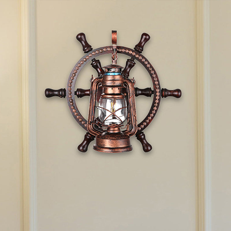 Weathered Copper Kerosene Wall Lighting Coastal Clear Glass 1 Light Bedroom Sconce Light Fixture with Wheel Weathered Copper Clearhalo 'Industrial wall lights' 'Industrial' 'Middle century wall lights' 'Rustic wall lights' 'Tiffany' 'Wall Lamps & Sconces' 'Wall Lights' Lighting' 256244