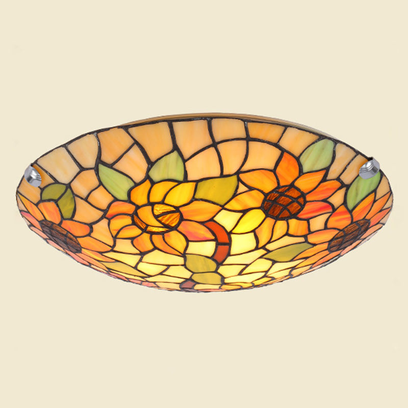 Flower&Leaf Pattern Tiffany Ceiling Light Stained Glass Shade Retro Mediterranean Style Flush Mount Lighting Fixtures for Restaurant Entrance Hall White-Green-Yellow Clearhalo 'Ceiling Lights' 'Close To Ceiling Lights' 'Close to ceiling' 'Flush mount' Lighting' 2562442