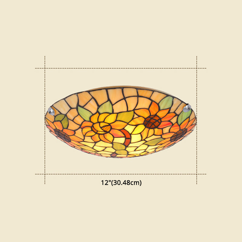 Flower&Leaf Pattern Tiffany Ceiling Light Stained Glass Shade Retro Mediterranean Style Flush Mount Lighting Fixtures for Restaurant Entrance Hall Clearhalo 'Ceiling Lights' 'Close To Ceiling Lights' 'Close to ceiling' 'Flush mount' Lighting' 2562447