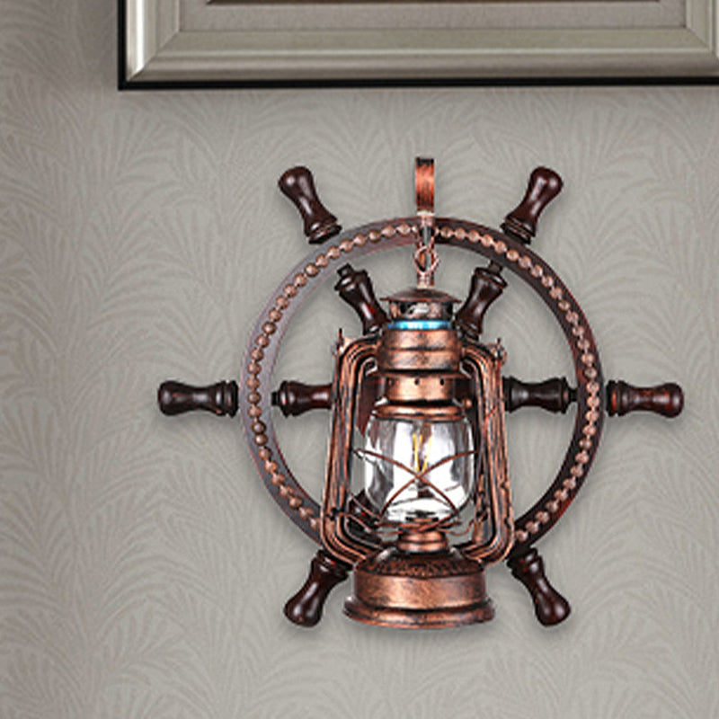 Weathered Copper Kerosene Wall Lighting Coastal Clear Glass 1 Light Bedroom Sconce Light Fixture with Wheel Clearhalo 'Industrial wall lights' 'Industrial' 'Middle century wall lights' 'Rustic wall lights' 'Tiffany' 'Wall Lamps & Sconces' 'Wall Lights' Lighting' 256245