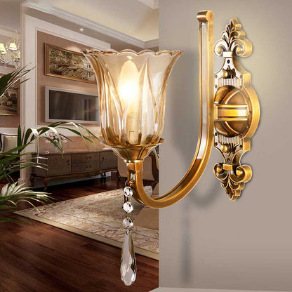 Cognac Glass Flower Wall Mounted Light Vintage 1/2 Heads Brass Sconce Light Fixture with Crystal Drop 1.0 Brass Clearhalo 'Modern wall lights' 'Modern' 'Wall Lamps & Sconces' 'Wall Lights' Lighting' 256246
