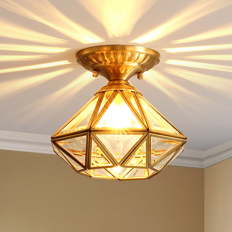 Full Brass European Style Ceiling Light with Glass Shade 1 Light Polyhedron Flush-mount Light for Bedroom Clearhalo 'Ceiling Lights' 'Close To Ceiling Lights' 'Close to ceiling' 'Semi-flushmount' Lighting' 2562496