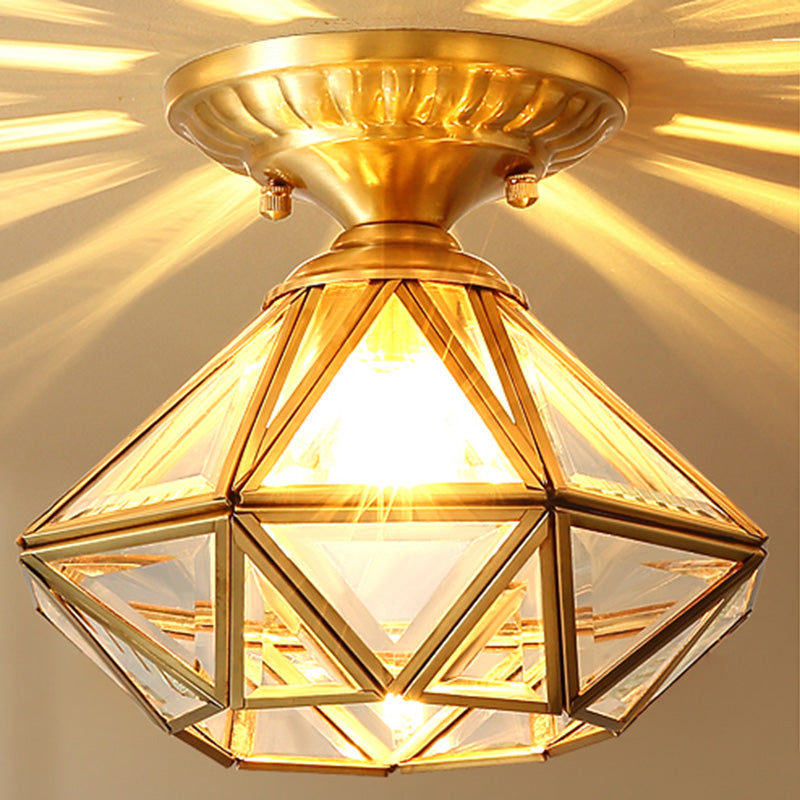 Full Brass European Style Ceiling Light with Glass Shade 1 Light Polyhedron Flush-mount Light for Bedroom Brass Clear Glass Diamond Clearhalo 'Ceiling Lights' 'Close To Ceiling Lights' 'Close to ceiling' 'Semi-flushmount' Lighting' 2562497