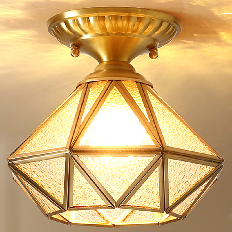 Full Brass European Style Ceiling Light with Glass Shade 1 Light Polyhedron Flush-mount Light for Bedroom Brass Frosted Glass Diamond Clearhalo 'Ceiling Lights' 'Close To Ceiling Lights' 'Close to ceiling' 'Semi-flushmount' Lighting' 2562498