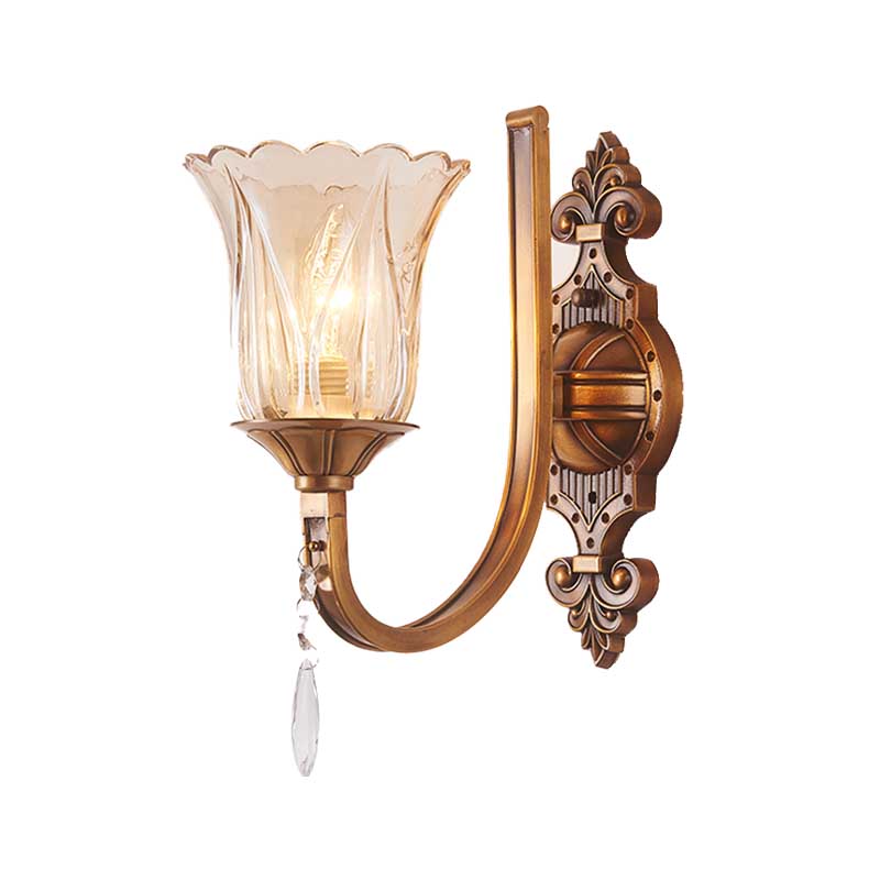 Cognac Glass Flower Wall Mounted Light Vintage 1/2 Heads Brass Sconce Light Fixture with Crystal Drop - Clearhalo - 'Modern wall lights' - 'Modern' - 'Wall Lamps & Sconces' - 'Wall Lights' - Lighting' - 256250