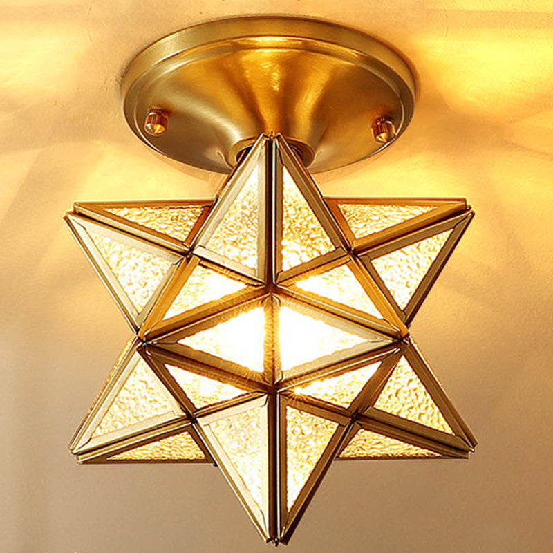 Full Brass European Style Ceiling Light with Glass Shade 1 Light Polyhedron Flush-mount Light for Bedroom Brass Frosted Glass Star Clearhalo 'Ceiling Lights' 'Close To Ceiling Lights' 'Close to ceiling' 'Semi-flushmount' Lighting' 2562502