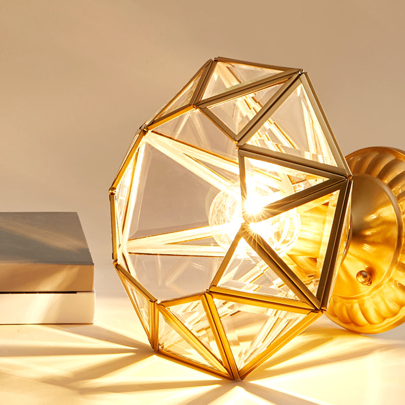 Full Brass European Style Ceiling Light with Glass Shade 1 Light Polyhedron Flush-mount Light for Bedroom Clearhalo 'Ceiling Lights' 'Close To Ceiling Lights' 'Close to ceiling' 'Semi-flushmount' Lighting' 2562503