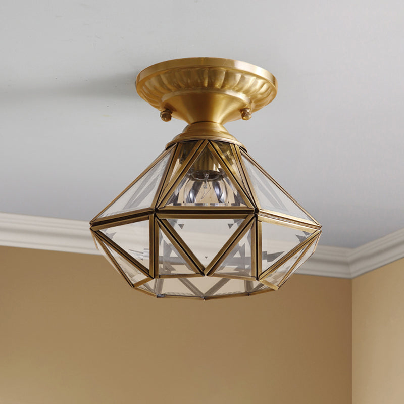 Full Brass European Style Ceiling Light with Glass Shade 1 Light Polyhedron Flush-mount Light for Bedroom Clearhalo 'Ceiling Lights' 'Close To Ceiling Lights' 'Close to ceiling' 'Semi-flushmount' Lighting' 2562504