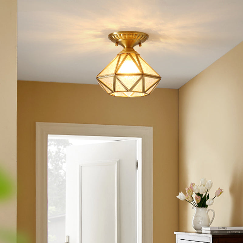 Full Brass European Style Ceiling Light with Glass Shade 1 Light Polyhedron Flush-mount Light for Bedroom Clearhalo 'Ceiling Lights' 'Close To Ceiling Lights' 'Close to ceiling' 'Semi-flushmount' Lighting' 2562506