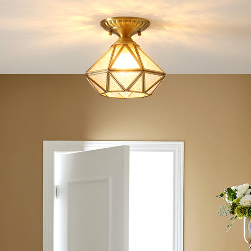 Full Brass European Style Ceiling Light with Glass Shade 1 Light Polyhedron Flush-mount Light for Bedroom Clearhalo 'Ceiling Lights' 'Close To Ceiling Lights' 'Close to ceiling' 'Semi-flushmount' Lighting' 2562507