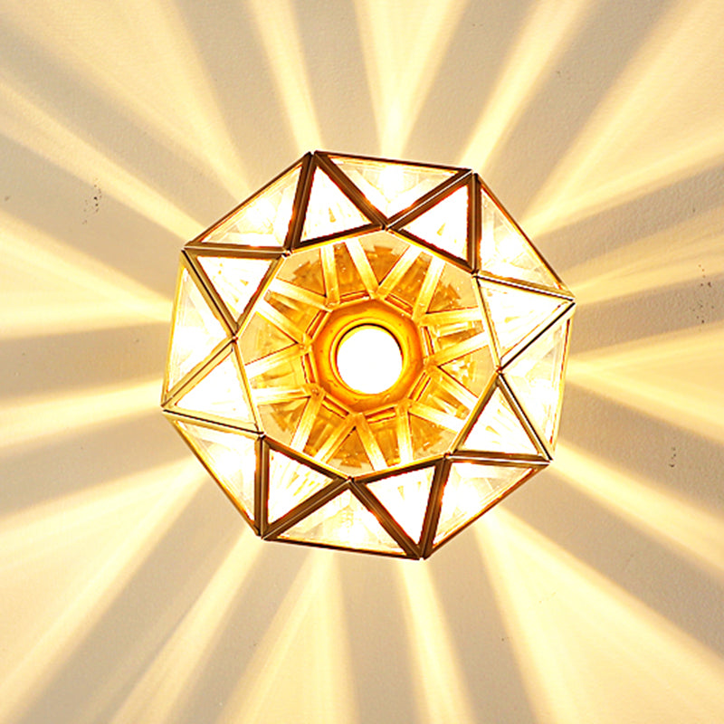 Full Brass European Style Ceiling Light with Glass Shade 1 Light Polyhedron Flush-mount Light for Bedroom Clearhalo 'Ceiling Lights' 'Close To Ceiling Lights' 'Close to ceiling' 'Semi-flushmount' Lighting' 2562508