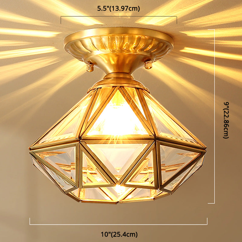 Full Brass European Style Ceiling Light with Glass Shade 1 Light Polyhedron Flush-mount Light for Bedroom Clearhalo 'Ceiling Lights' 'Close To Ceiling Lights' 'Close to ceiling' 'Semi-flushmount' Lighting' 2562509