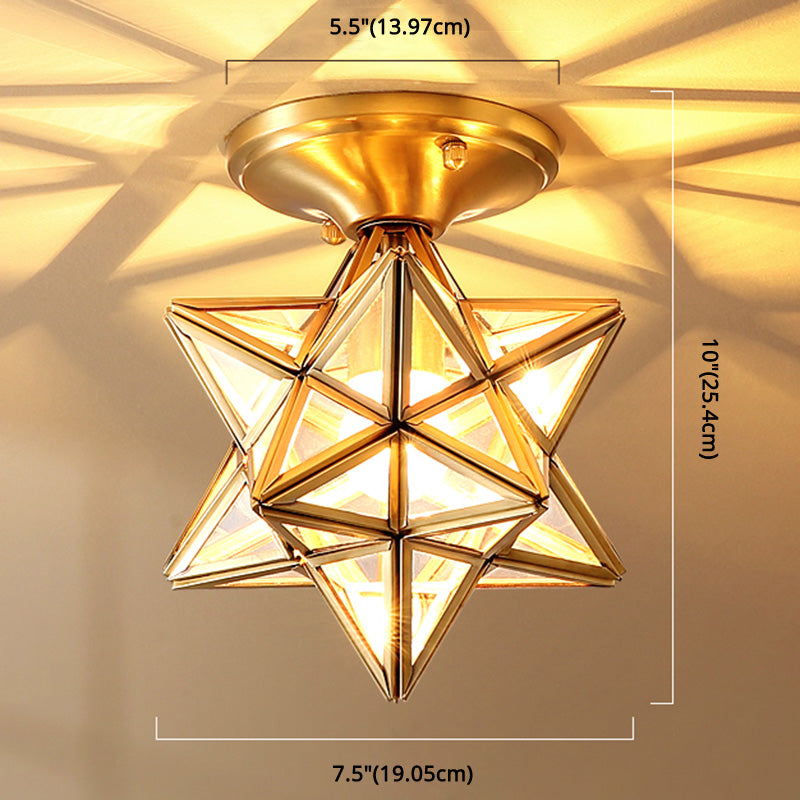 Full Brass European Style Ceiling Light with Glass Shade 1 Light Polyhedron Flush-mount Light for Bedroom Clearhalo 'Ceiling Lights' 'Close To Ceiling Lights' 'Close to ceiling' 'Semi-flushmount' Lighting' 2562510
