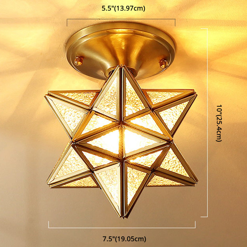 Full Brass European Style Ceiling Light with Glass Shade 1 Light Polyhedron Flush-mount Light for Bedroom Clearhalo 'Ceiling Lights' 'Close To Ceiling Lights' 'Close to ceiling' 'Semi-flushmount' Lighting' 2562511
