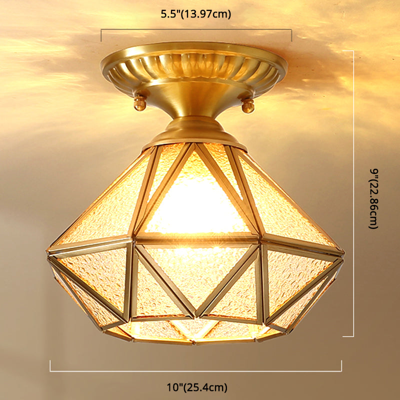 Full Brass European Style Ceiling Light with Glass Shade 1 Light Polyhedron Flush-mount Light for Bedroom Clearhalo 'Ceiling Lights' 'Close To Ceiling Lights' 'Close to ceiling' 'Semi-flushmount' Lighting' 2562512