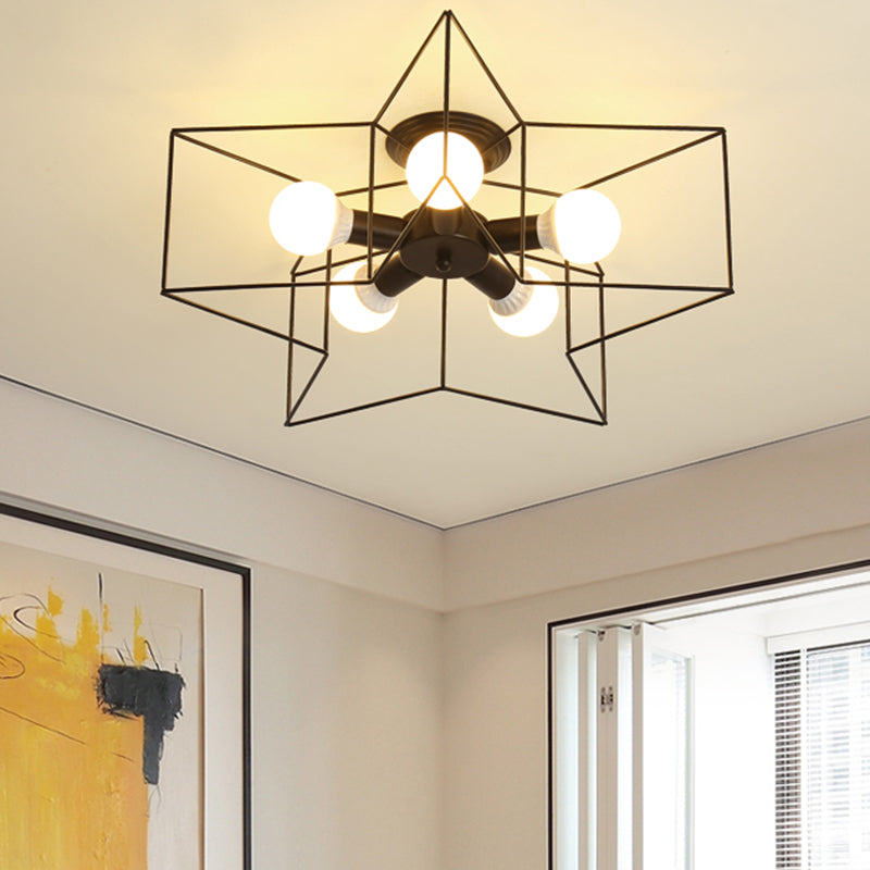 5 Bulbs Industrial Style Ceiling Light Flush Mount Dining Room Lighting Fixture with Iron Frame Lampshade Clearhalo 'Ceiling Lights' 'Close To Ceiling Lights' 'Close to ceiling' 'Semi-flushmount' Lighting' 2562513
