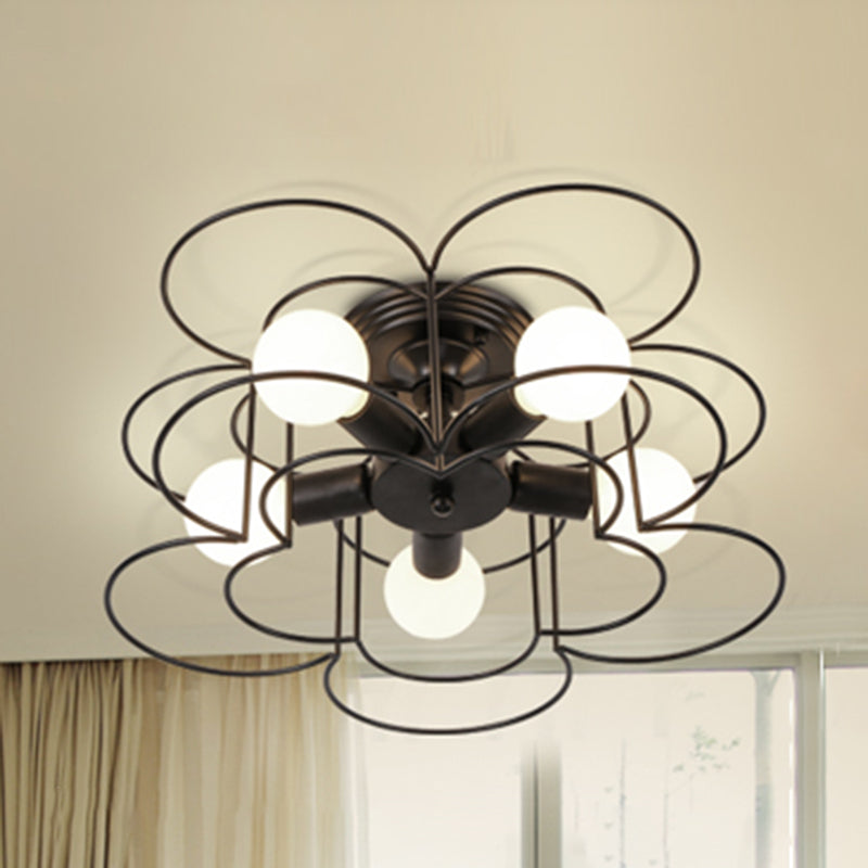 5 Bulbs Industrial Style Ceiling Light Flush Mount Dining Room Lighting Fixture with Iron Frame Lampshade Black Flower Clearhalo 'Ceiling Lights' 'Close To Ceiling Lights' 'Close to ceiling' 'Semi-flushmount' Lighting' 2562514
