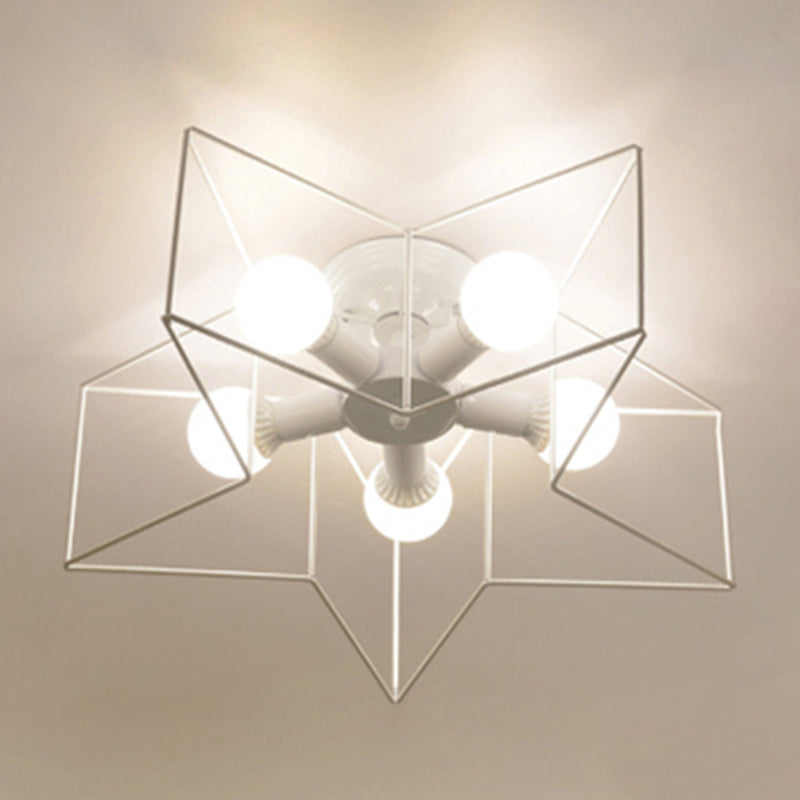 5 Bulbs Industrial Style Ceiling Light Flush Mount Dining Room Lighting Fixture with Iron Frame Lampshade White Star Clearhalo 'Ceiling Lights' 'Close To Ceiling Lights' 'Close to ceiling' 'Semi-flushmount' Lighting' 2562517