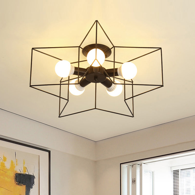 5 Bulbs Industrial Style Ceiling Light Flush Mount Dining Room Lighting Fixture with Iron Frame Lampshade Clearhalo 'Ceiling Lights' 'Close To Ceiling Lights' 'Close to ceiling' 'Semi-flushmount' Lighting' 2562520