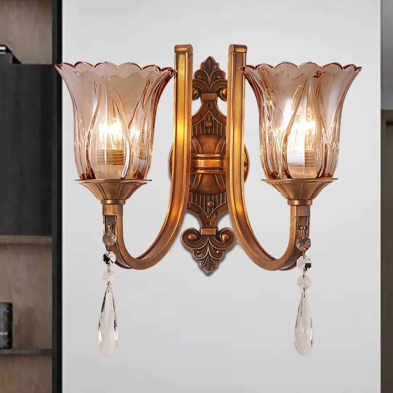 Cognac Glass Flower Wall Mounted Light Vintage 1/2 Heads Brass Sconce Light Fixture with Crystal Drop - Clearhalo - 'Modern wall lights' - 'Modern' - 'Wall Lamps & Sconces' - 'Wall Lights' - Lighting' - 256253