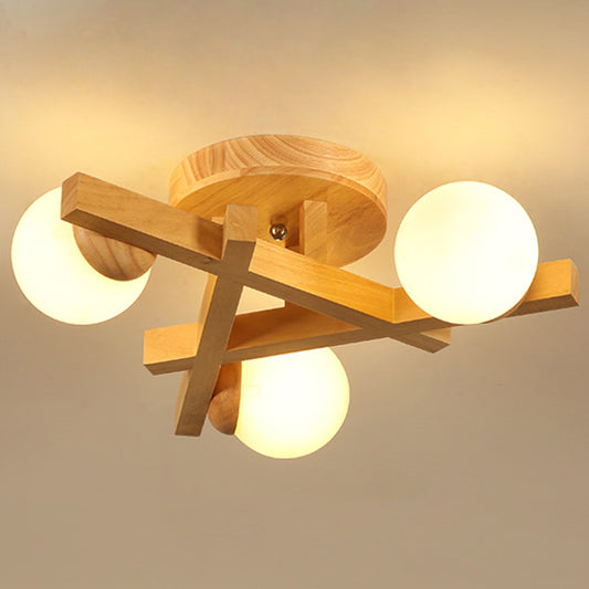 Wooden Crossed Lines Flush Mount Light Multi-bulbs Modern Wood Ceiling Light Fixture for Bedroom 3 Wood