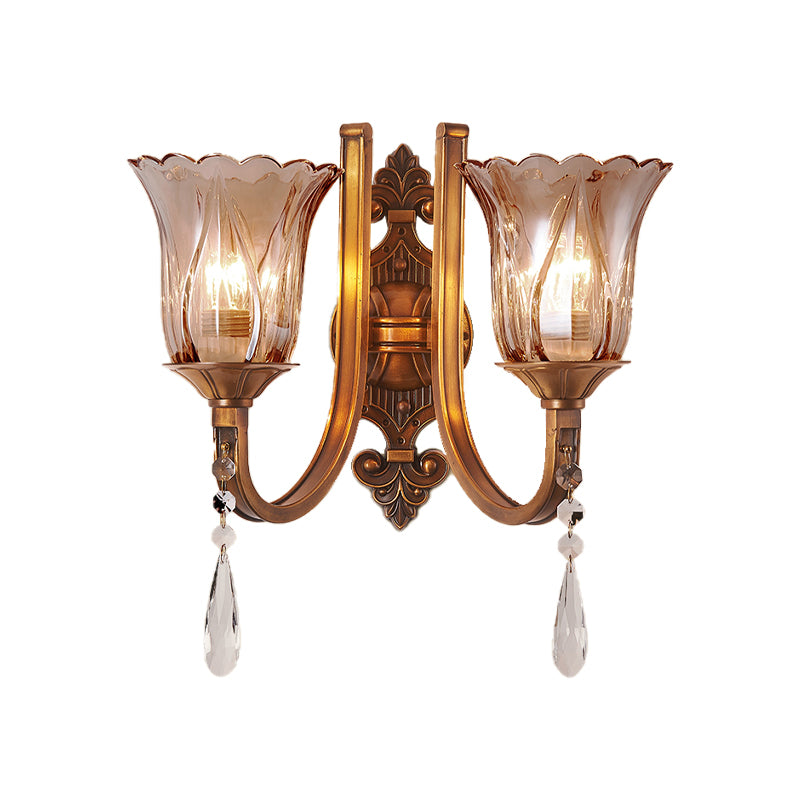 Cognac Glass Flower Wall Mounted Light Vintage 1/2 Heads Brass Sconce Light Fixture with Crystal Drop - Clearhalo - 'Modern wall lights' - 'Modern' - 'Wall Lamps & Sconces' - 'Wall Lights' - Lighting' - 256256