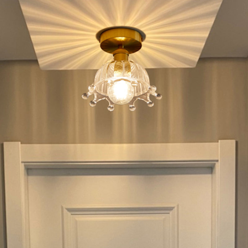 Crown Shape 1 Light Brass Ceiling Light with Clear Stripes Glass Shade Contemporary Style Aisle Lighting Fixture Clearhalo 'Ceiling Lights' 'Close To Ceiling Lights' 'Close to ceiling' 'Glass shade' 'Glass' 'Semi-flushmount' Lighting' 2562564