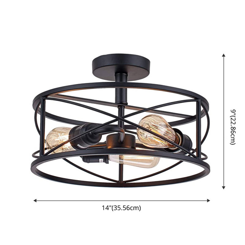 Wrought Iron Retro Industrial Ceiling Light with Iron Frame Lampshade in Black Clearhalo 'Ceiling Lights' 'Close To Ceiling Lights' 'Close to ceiling' 'Flush mount' 'Industrial Flush Mount' Lighting' 2562583