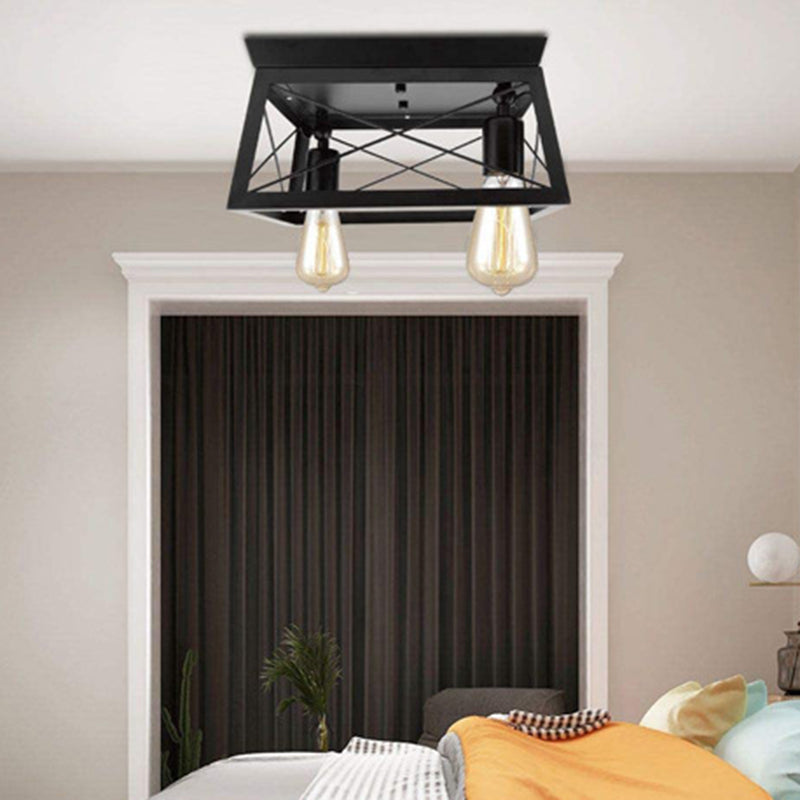 Wrought Iron Retro Industrial Ceiling Light with Iron Frame Lampshade in Black Clearhalo 'Ceiling Lights' 'Close To Ceiling Lights' 'Close to ceiling' 'Flush mount' 'Industrial Flush Mount' Lighting' 2562584