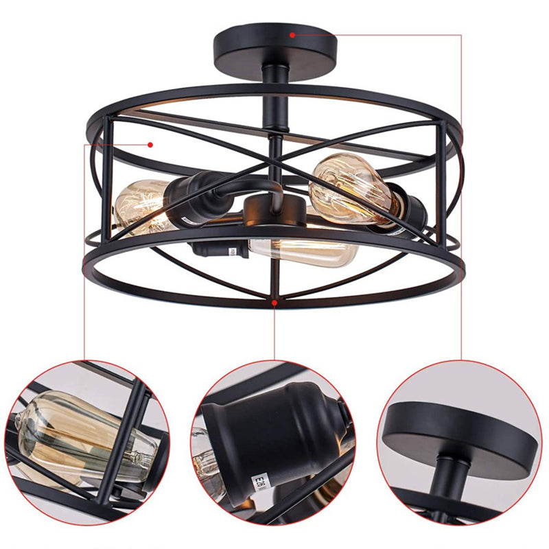 Wrought Iron Retro Industrial Ceiling Light with Iron Frame Lampshade in Black Clearhalo 'Ceiling Lights' 'Close To Ceiling Lights' 'Close to ceiling' 'Flush mount' 'Industrial Flush Mount' Lighting' 2562588