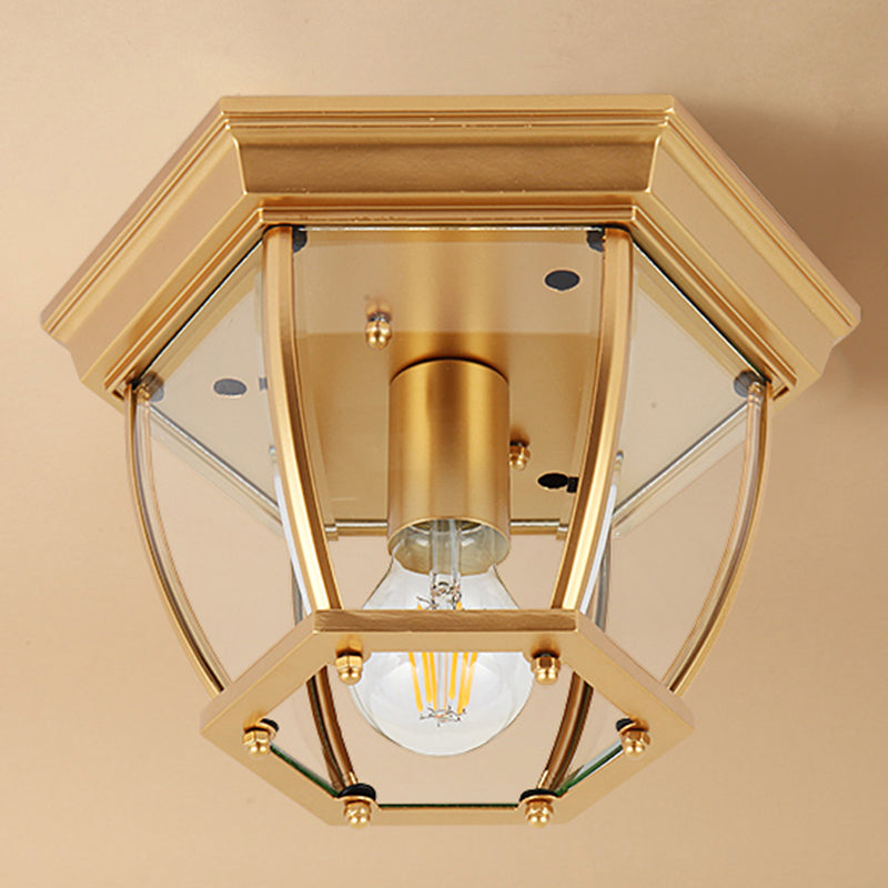Traditional Colonial Style Ceiling Light with Glass Shade 1 Light Polyhedron Flush-mount Light for Bedroom Clearhalo 'Ceiling Lights' 'Close To Ceiling Lights' 'Close to ceiling' 'Flush mount' Lighting' 2562612