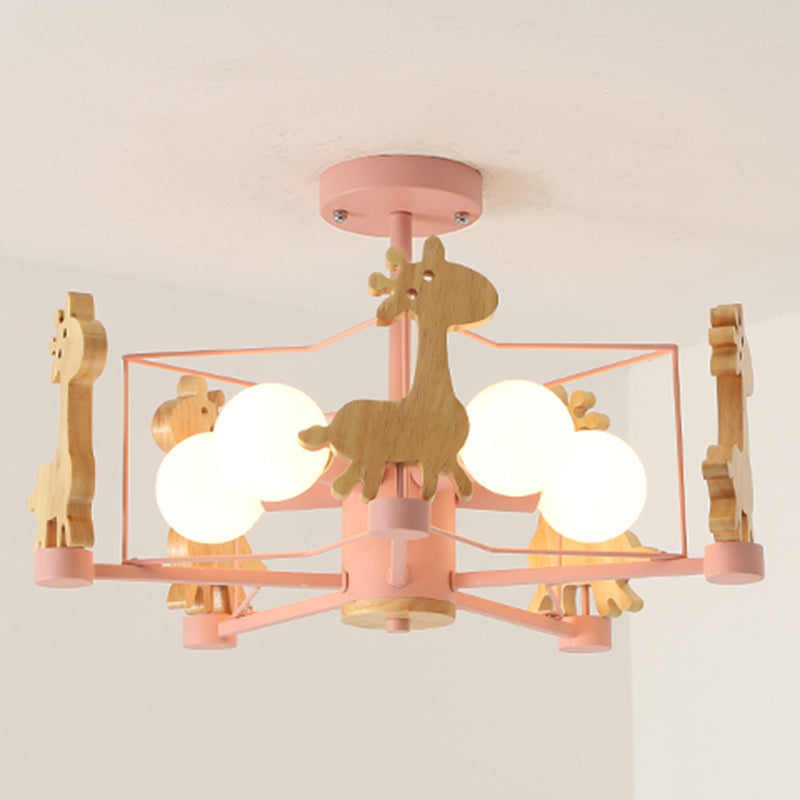 Wood Cartoon Giraffe Ceiling Light 5-lights Semi Flush Mount Light with Iron Frame Shade for Children Room Kindergarten Pink Star Clearhalo 'Ceiling Lights' 'Close To Ceiling Lights' 'Close to ceiling' 'Semi-flushmount' Lighting' 2562645