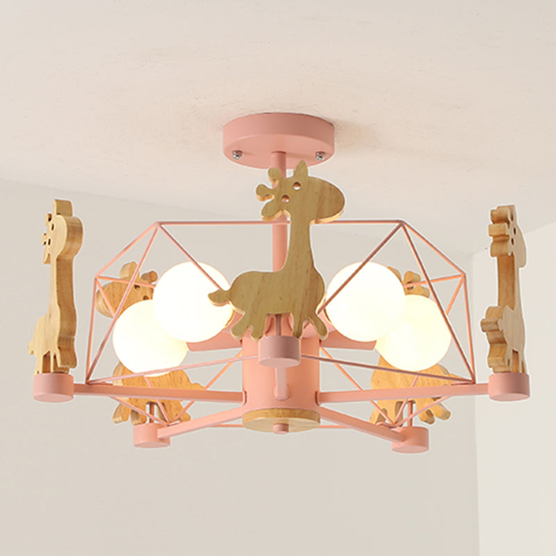 Wood Cartoon Giraffe Ceiling Light 5-lights Semi Flush Mount Light with Iron Frame Shade for Children Room Kindergarten Pink Diamond Clearhalo 'Ceiling Lights' 'Close To Ceiling Lights' 'Close to ceiling' 'Semi-flushmount' Lighting' 2562647