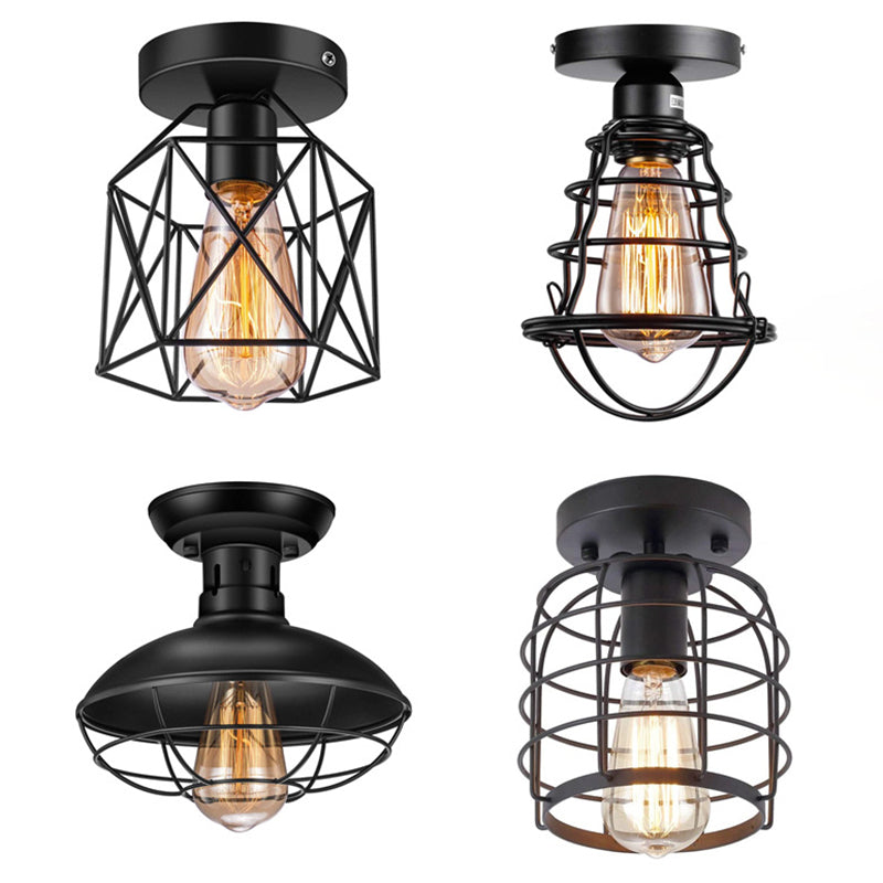 Retro Industrial Style Ceiling Light with Metal Frame Shade Wrought Iron Flush-mount Lamp in Black Clearhalo 'Ceiling Lights' 'Close To Ceiling Lights' 'Close to ceiling' 'Semi-flushmount' Lighting' 2562673