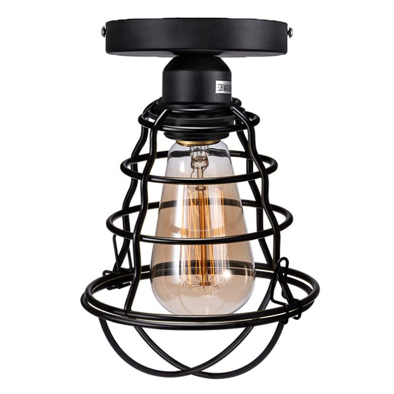 Retro Industrial Style Ceiling Light with Metal Frame Shade Wrought Iron Flush-mount Lamp in Black Black Pear Clearhalo 'Ceiling Lights' 'Close To Ceiling Lights' 'Close to ceiling' 'Semi-flushmount' Lighting' 2562674