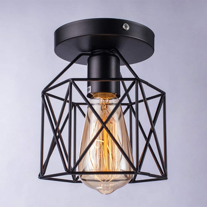 Retro Industrial Style Ceiling Light with Metal Frame Shade Wrought Iron Flush-mount Lamp in Black Black Diamond Clearhalo 'Ceiling Lights' 'Close To Ceiling Lights' 'Close to ceiling' 'Semi-flushmount' Lighting' 2562675