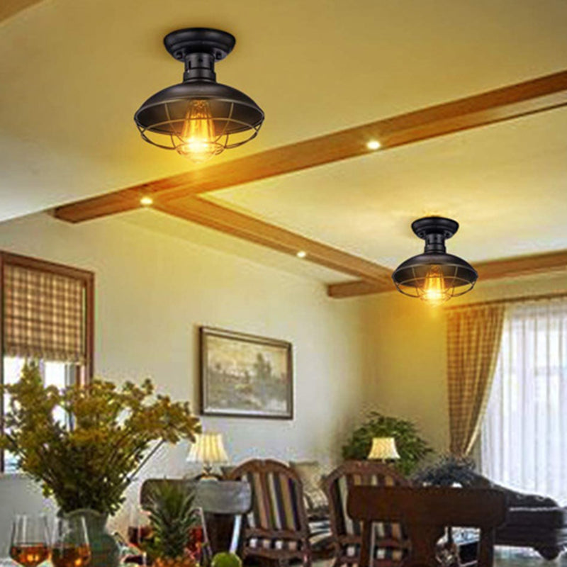 Retro Industrial Style Ceiling Light with Metal Frame Shade Wrought Iron Flush-mount Lamp in Black Clearhalo 'Ceiling Lights' 'Close To Ceiling Lights' 'Close to ceiling' 'Semi-flushmount' Lighting' 2562676