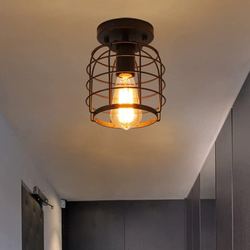 Retro Industrial Style Ceiling Light with Metal Frame Shade Wrought Iron Flush-mount Lamp in Black Black Lantern Clearhalo 'Ceiling Lights' 'Close To Ceiling Lights' 'Close to ceiling' 'Semi-flushmount' Lighting' 2562677