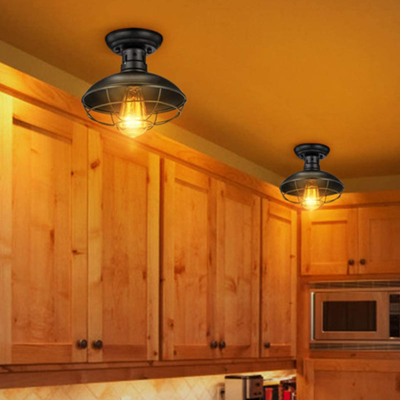Retro Industrial Style Ceiling Light with Metal Frame Shade Wrought Iron Flush-mount Lamp in Black Black Bowl Clearhalo 'Ceiling Lights' 'Close To Ceiling Lights' 'Close to ceiling' 'Semi-flushmount' Lighting' 2562678