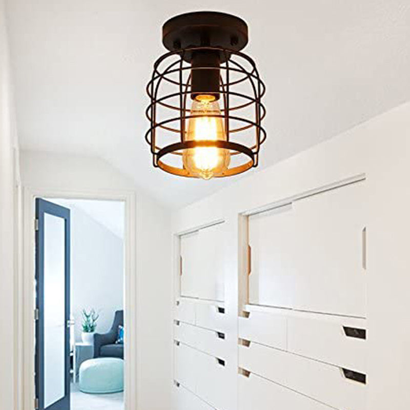 Retro Industrial Style Ceiling Light with Metal Frame Shade Wrought Iron Flush-mount Lamp in Black Clearhalo 'Ceiling Lights' 'Close To Ceiling Lights' 'Close to ceiling' 'Semi-flushmount' Lighting' 2562679