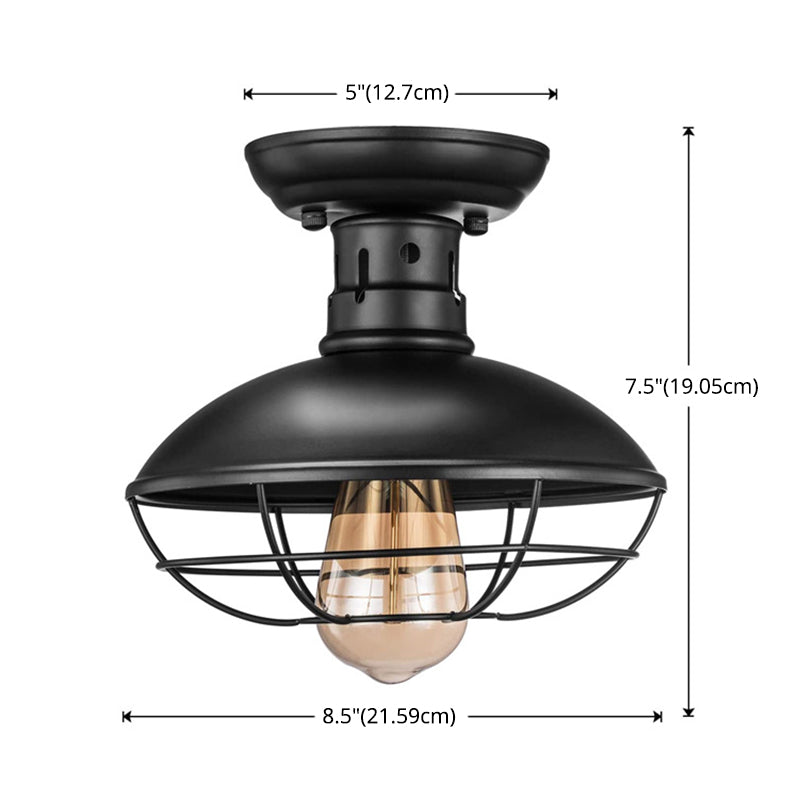 Retro Industrial Style Ceiling Light with Metal Frame Shade Wrought Iron Flush-mount Lamp in Black Clearhalo 'Ceiling Lights' 'Close To Ceiling Lights' 'Close to ceiling' 'Semi-flushmount' Lighting' 2562681