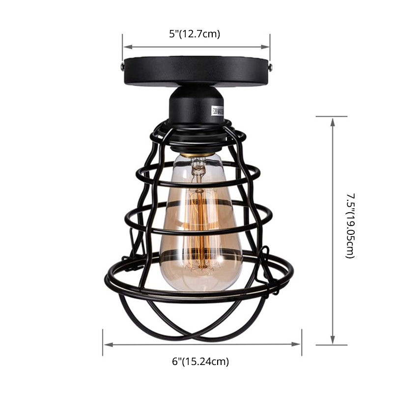 Retro Industrial Style Ceiling Light with Metal Frame Shade Wrought Iron Flush-mount Lamp in Black Clearhalo 'Ceiling Lights' 'Close To Ceiling Lights' 'Close to ceiling' 'Semi-flushmount' Lighting' 2562682