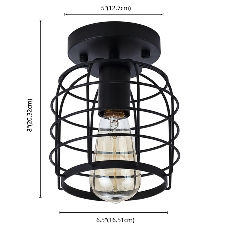 Retro Industrial Style Ceiling Light with Metal Frame Shade Wrought Iron Flush-mount Lamp in Black Clearhalo 'Ceiling Lights' 'Close To Ceiling Lights' 'Close to ceiling' 'Semi-flushmount' Lighting' 2562683