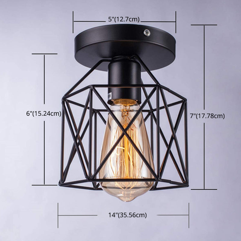 Retro Industrial Style Ceiling Light with Metal Frame Shade Wrought Iron Flush-mount Lamp in Black Clearhalo 'Ceiling Lights' 'Close To Ceiling Lights' 'Close to ceiling' 'Semi-flushmount' Lighting' 2562684
